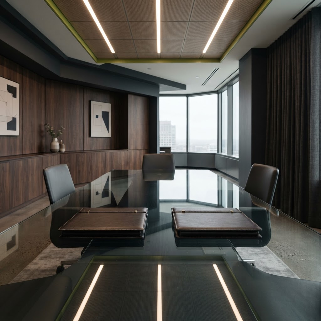 Modern boardroom setting with document portfolios