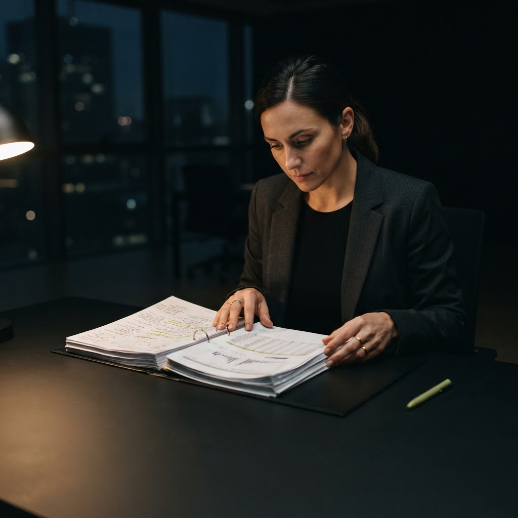 Professional analyst reviewing physical documentation