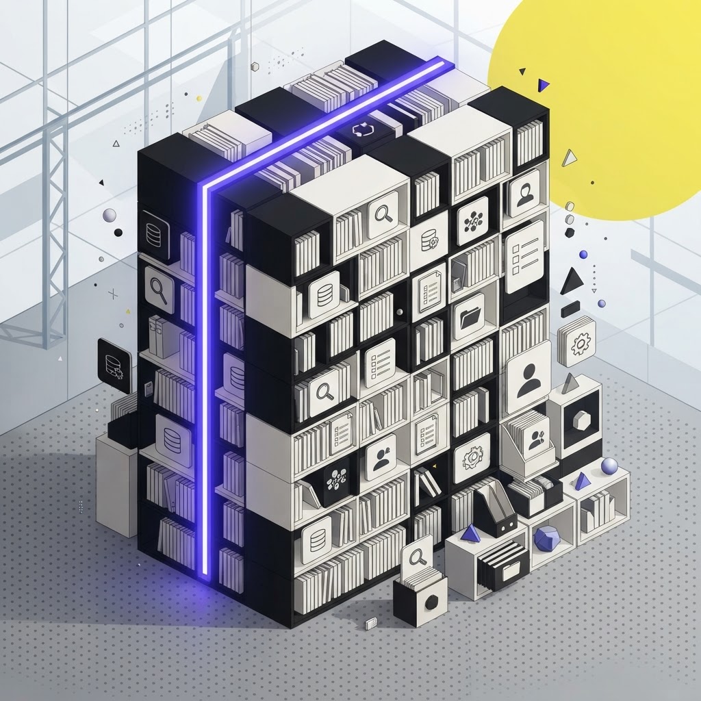 Isometric architectural shelf structure symbolizing traceable research data