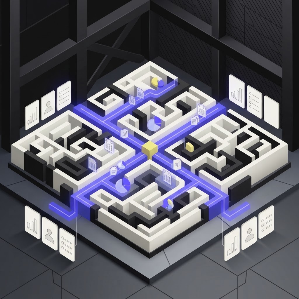 Isometric labyrinth representing complex research tool workflows