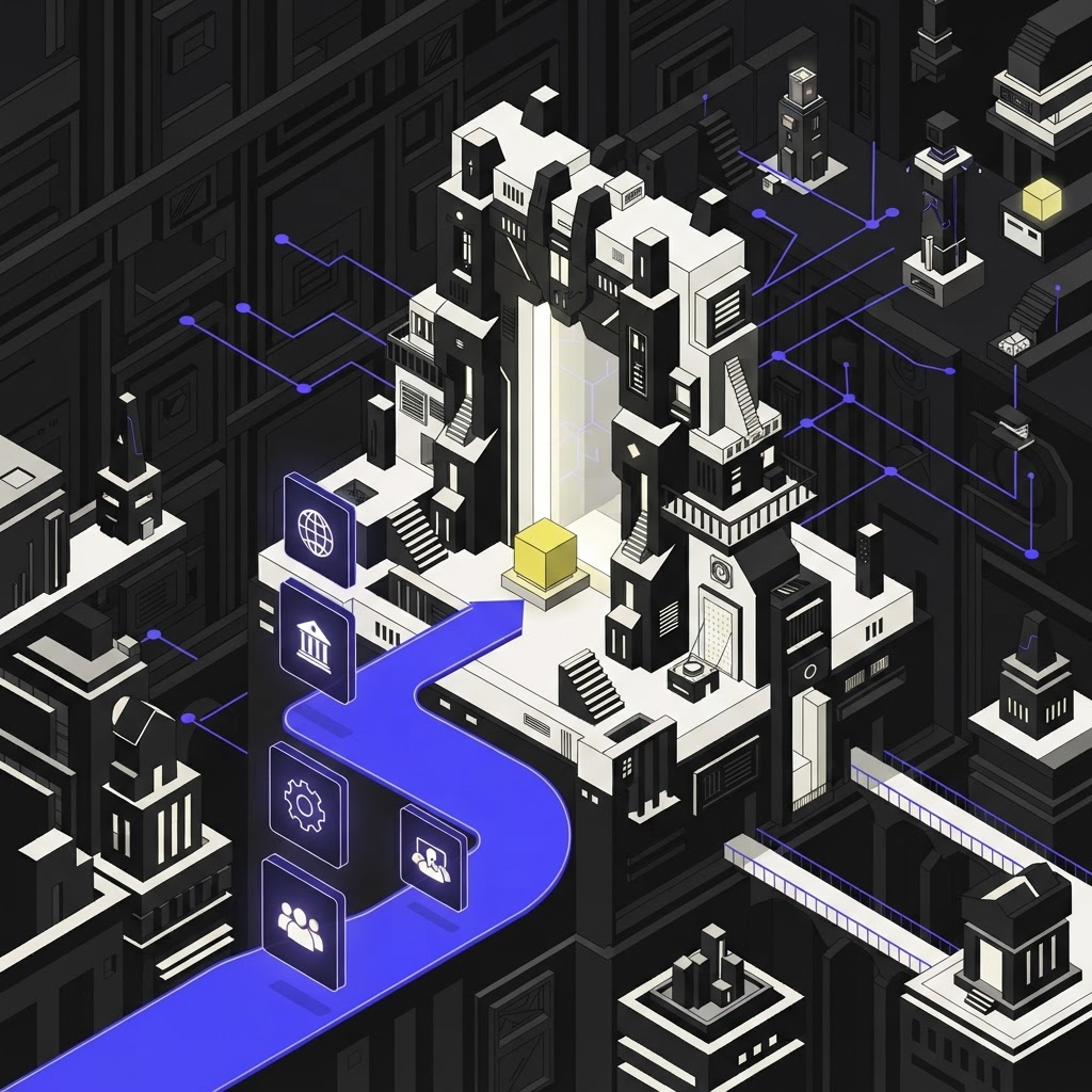 Isometric portal structure representing research tool access and entry