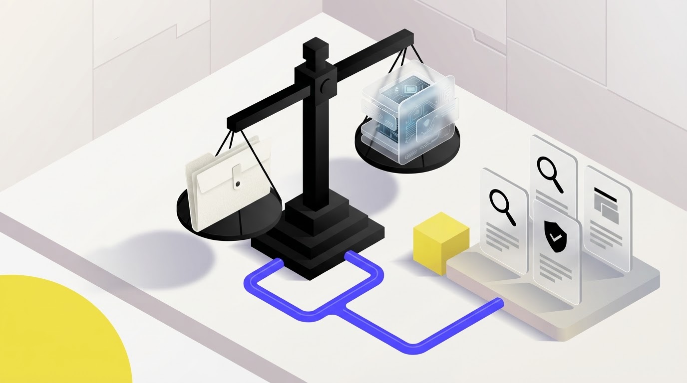 Isometric illustration of a scale comparing document retrieval and agentic research