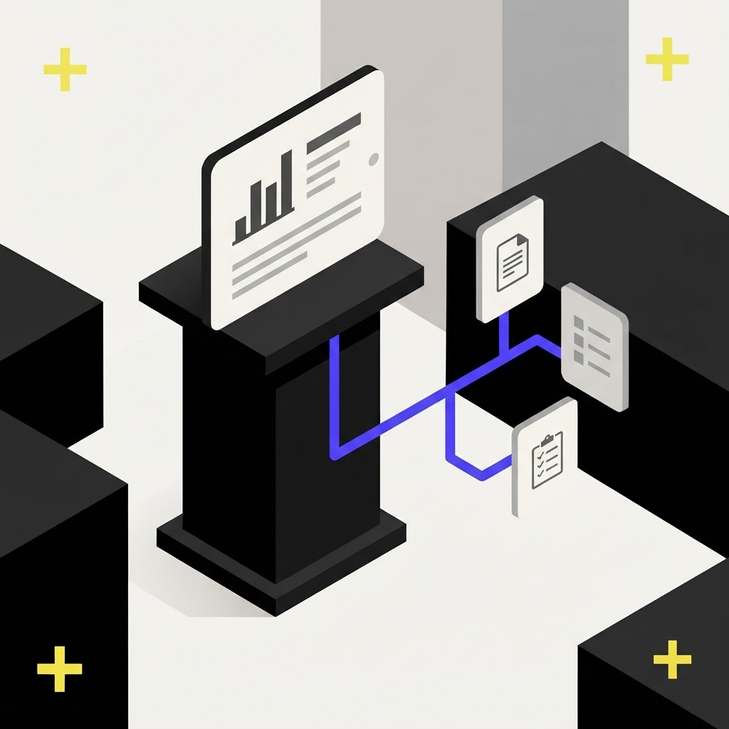 Isometric illustration of audit-ready compliance reporting