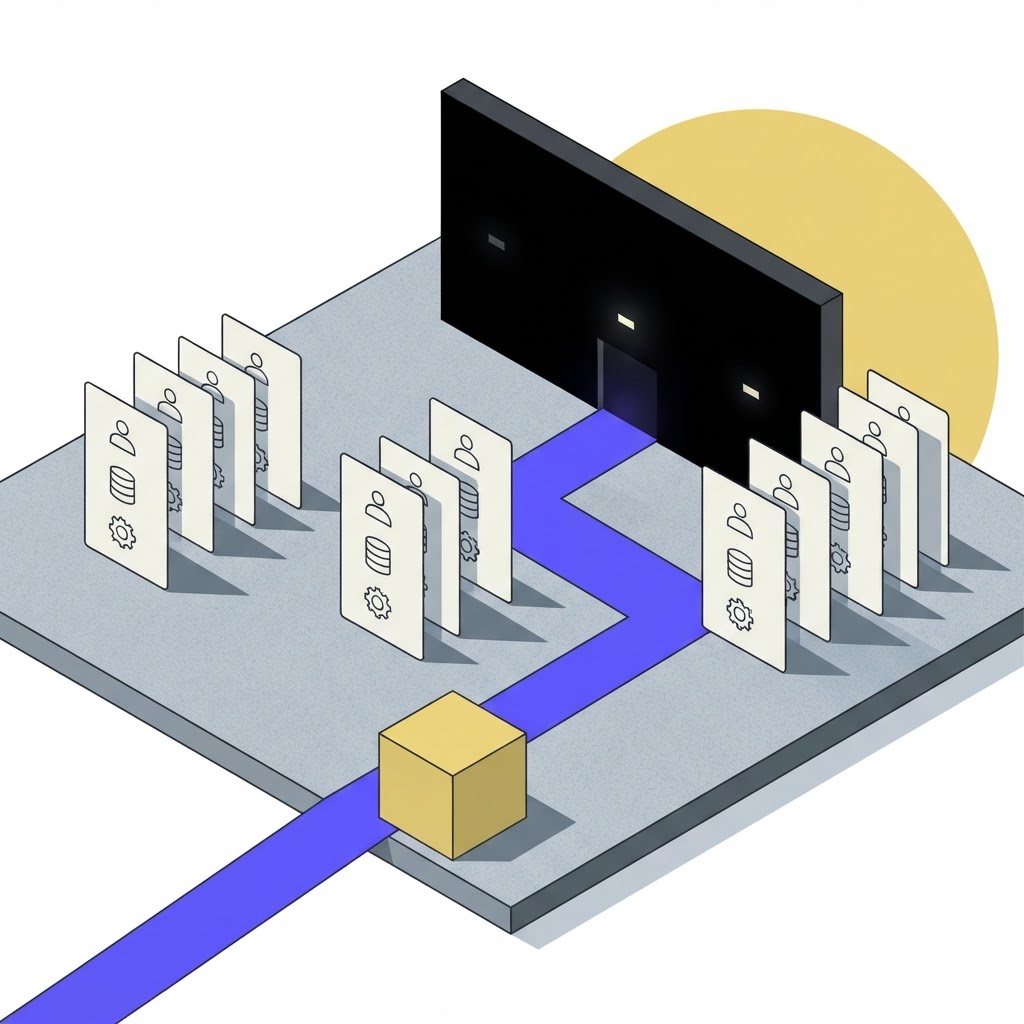 Isometric illustration of converging data streams for enterprise due diligence