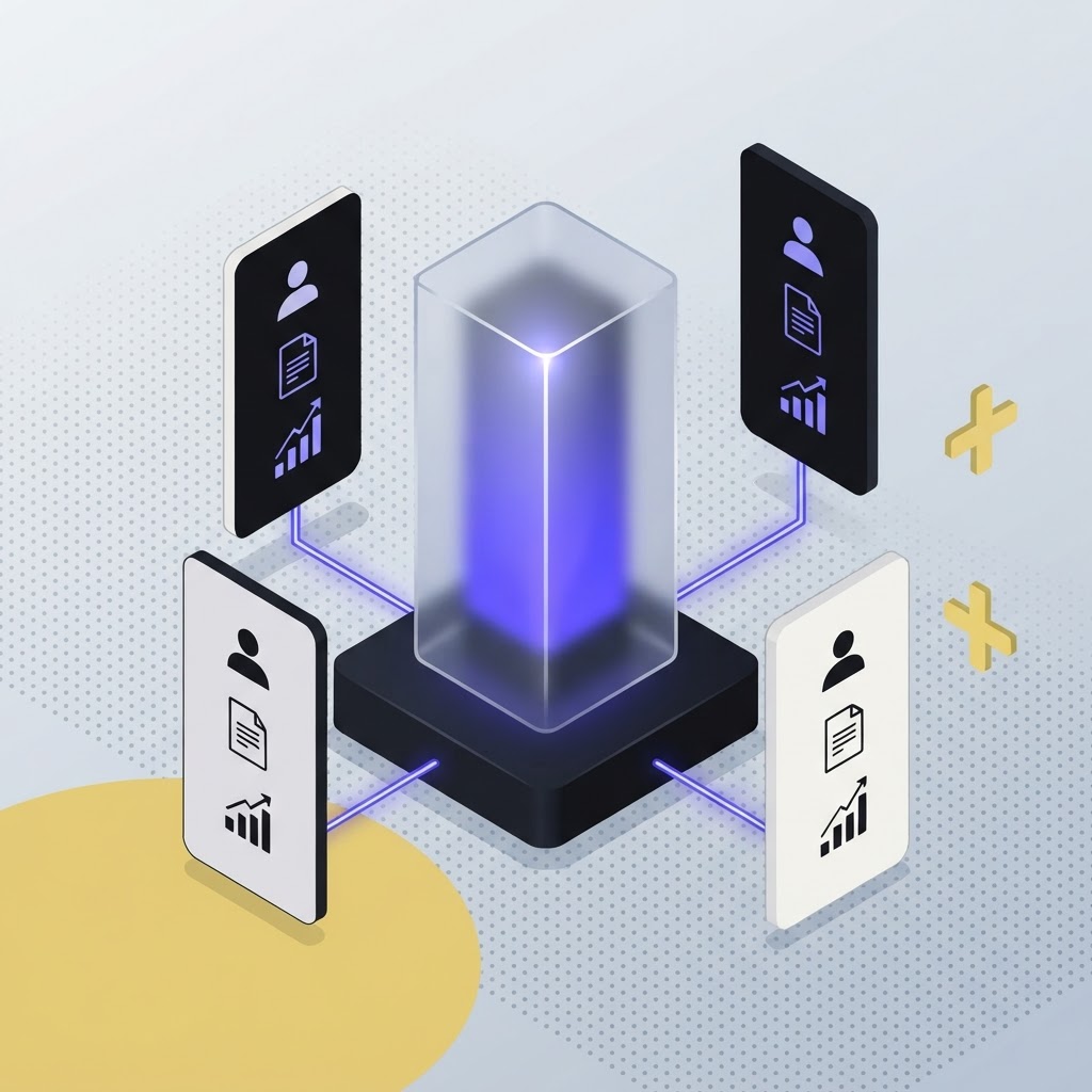 An isometric glass monolith representing an auditable AI research core