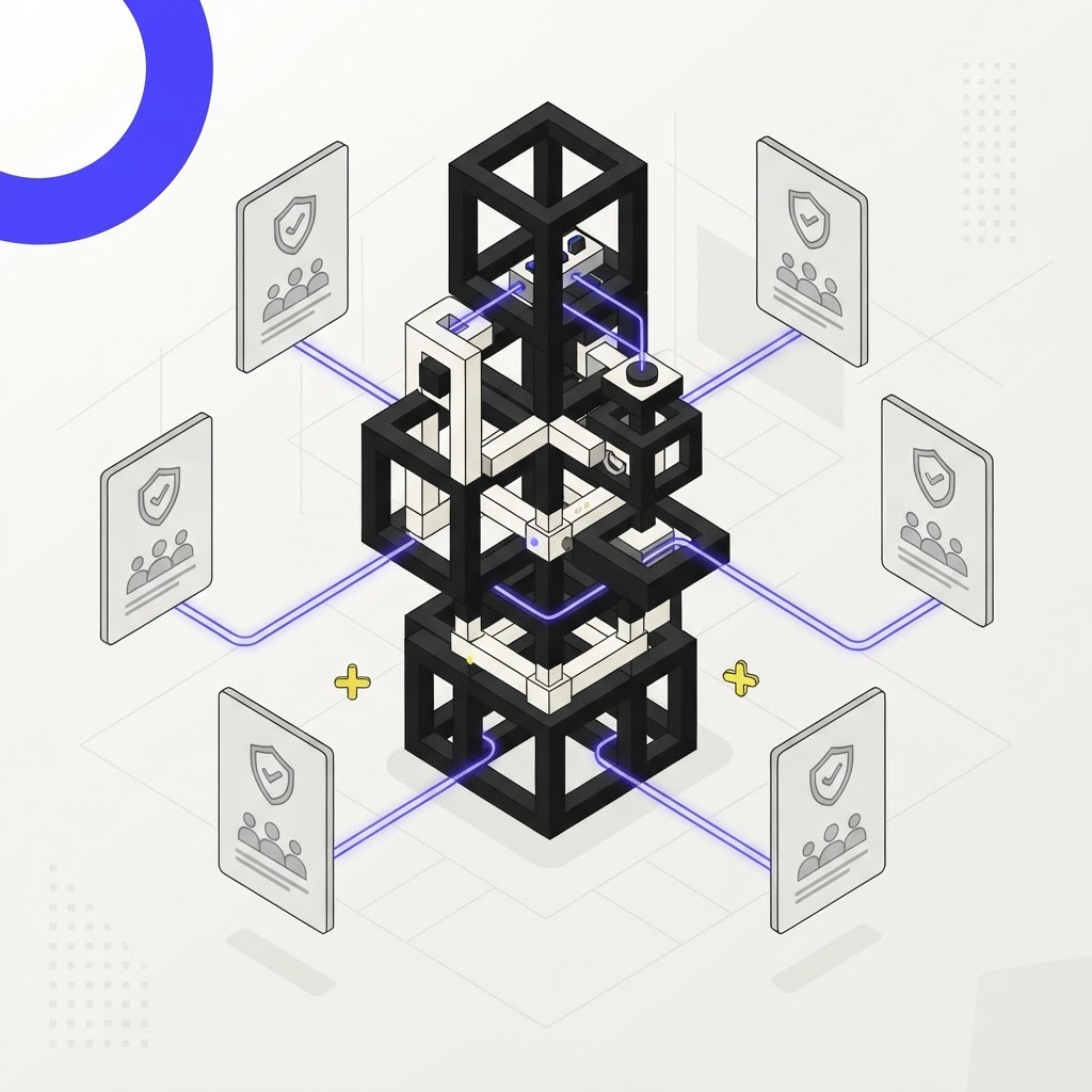 Isometric vector illustration of integrated research agent structure