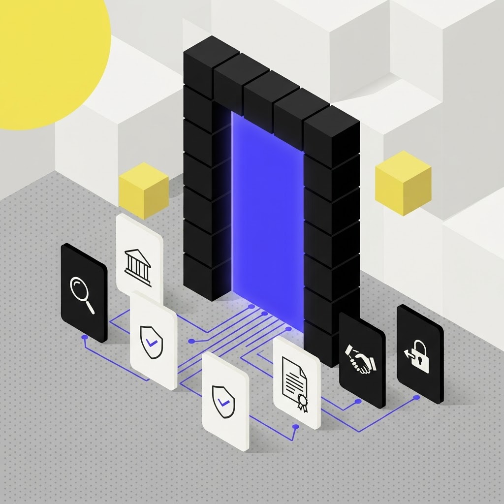 An architectural portal frame representing secure compliance oversight and entry