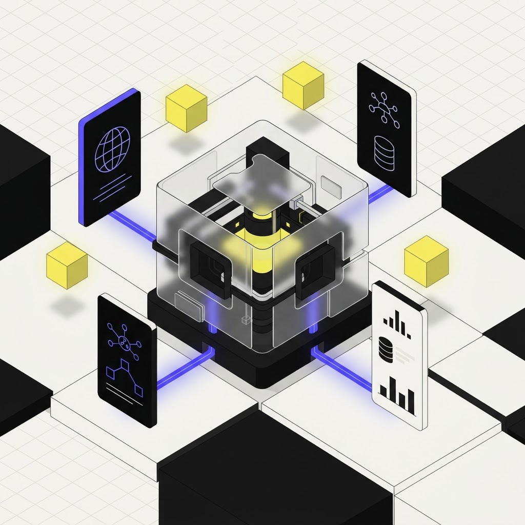 An interconnected geometric hub representing continuous compliance monitoring systems