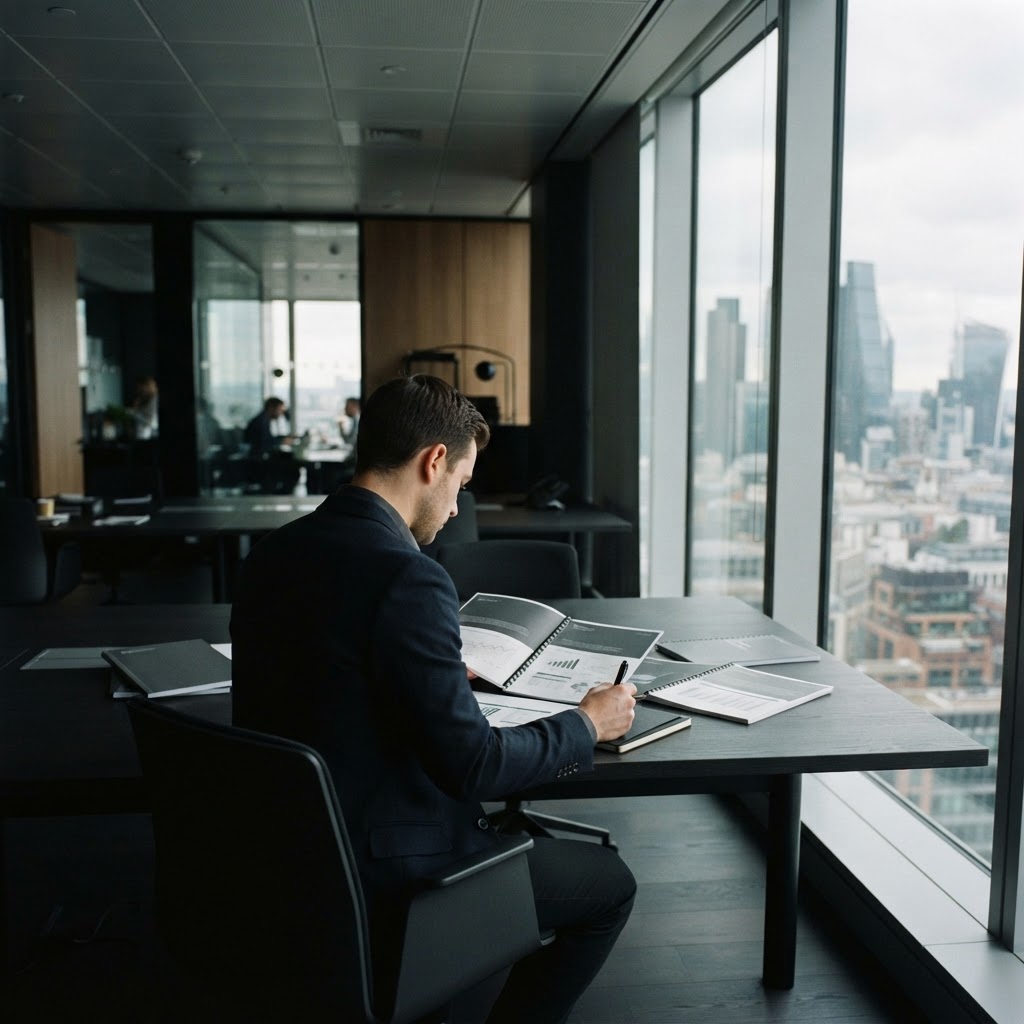 Analyst reviewing reports in a high stakes office