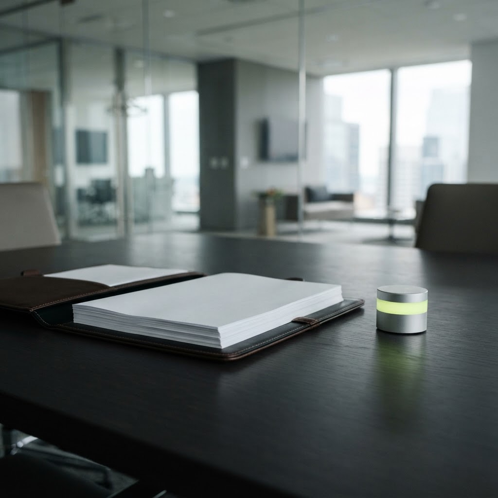 Professional audit document folder on dark office desk