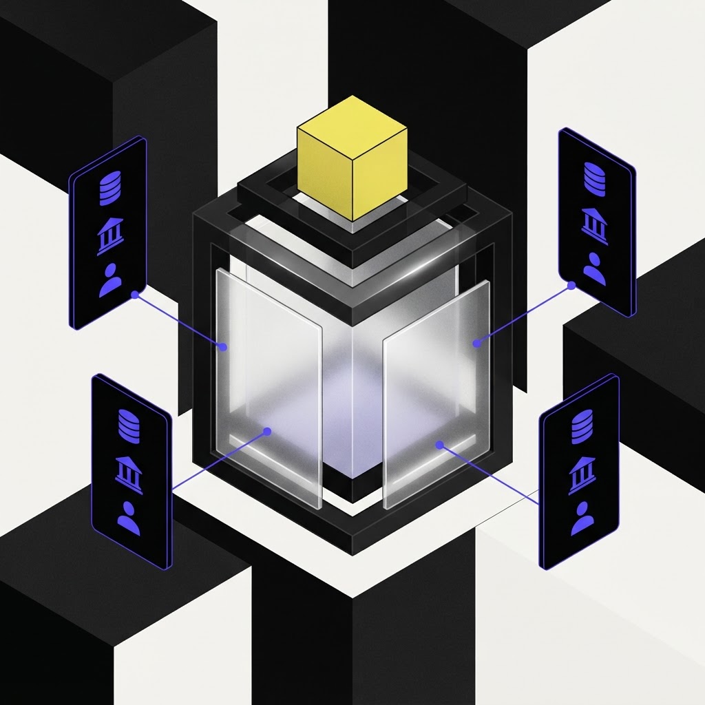 Isometric illustration of a glass portal representing analytical research scrutiny