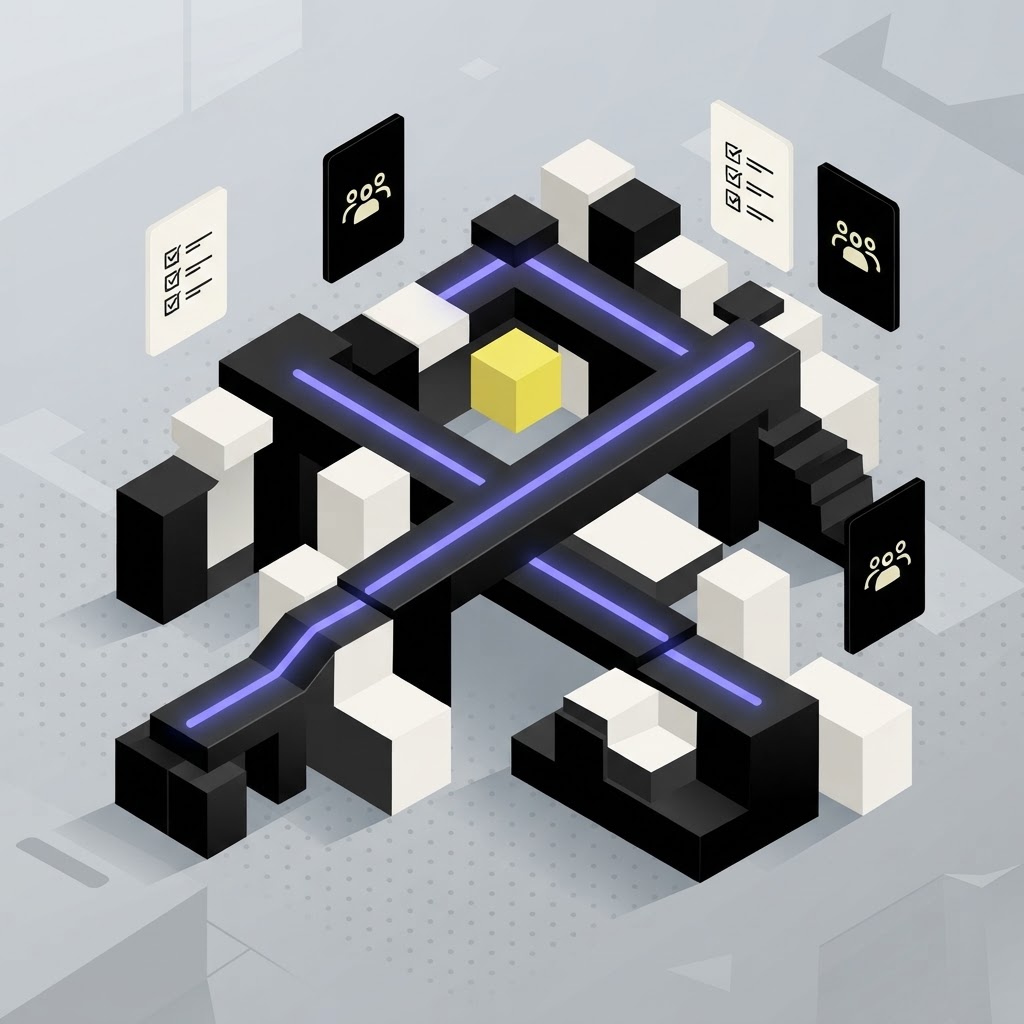 Isometric illustration of an interlocking bridge representing integrated AI agent workflows