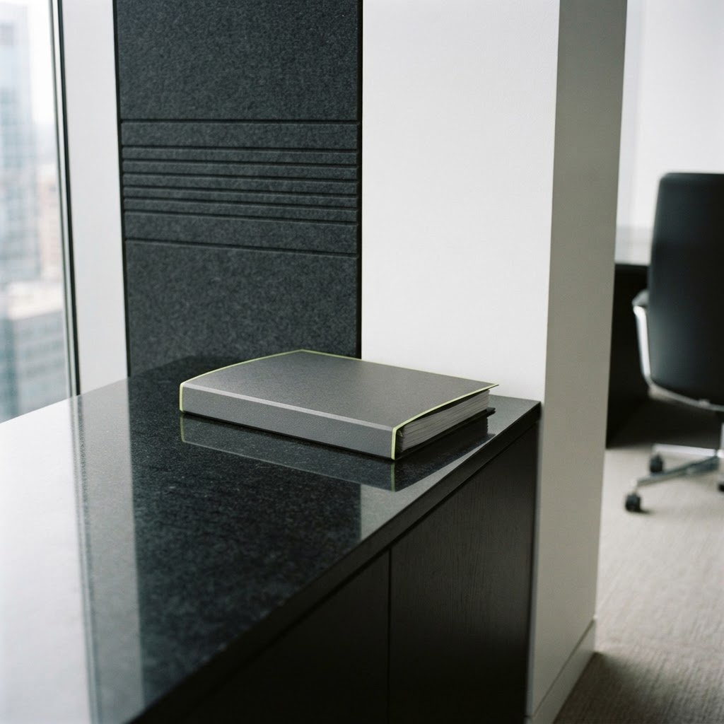 Clean minimalist office workspace detail with report folder