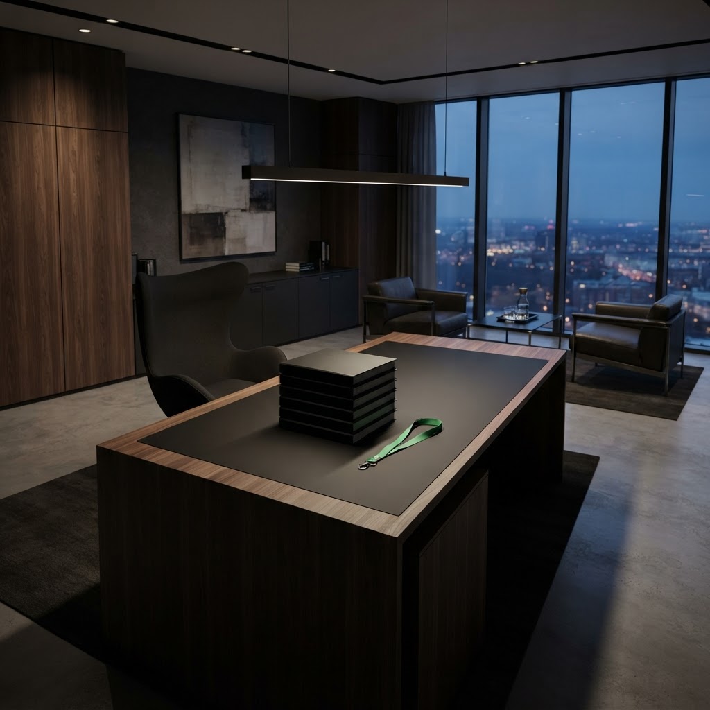 Minimalist high-stakes office desk with professional report folders