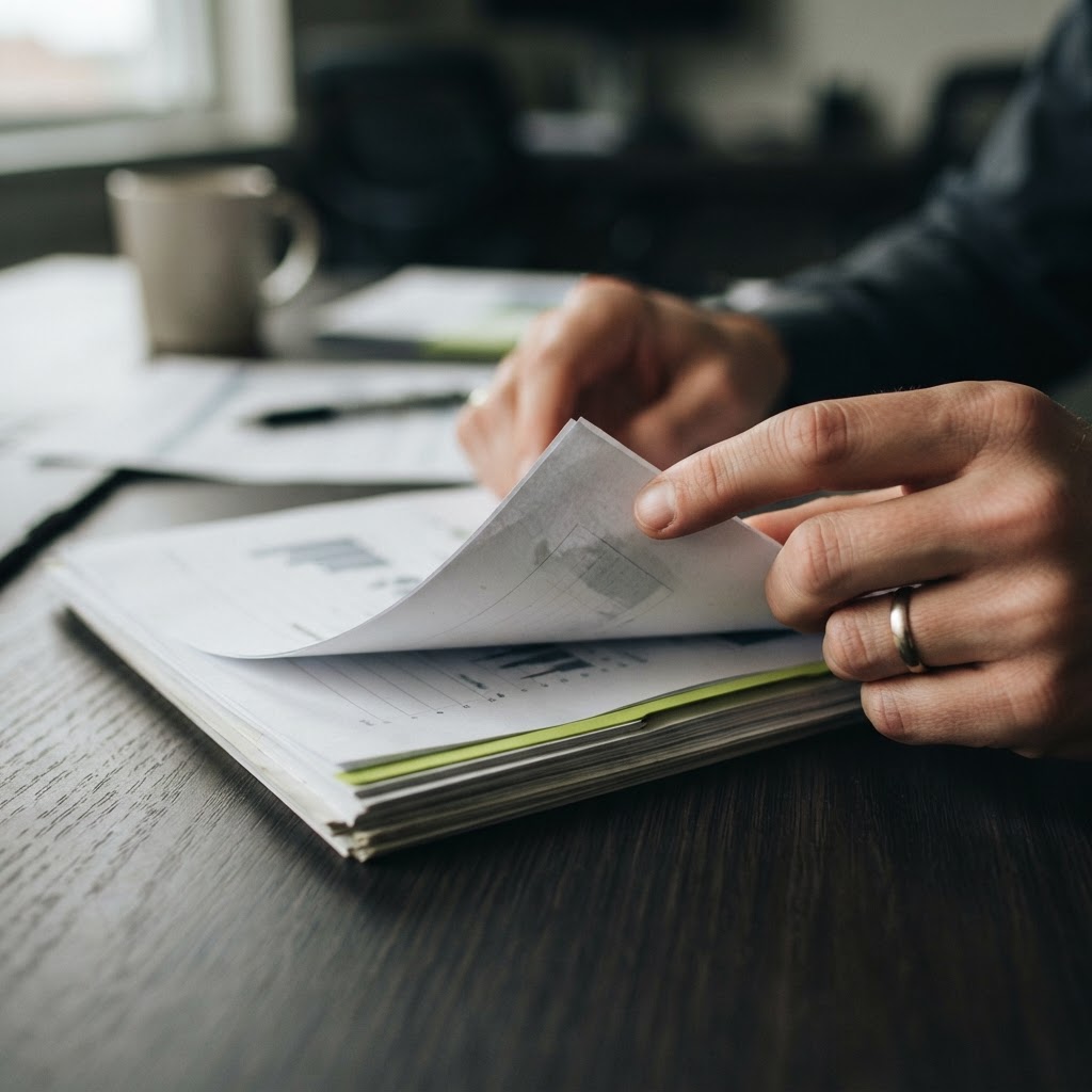 Professional hands reviewing physical documents on a dark desk