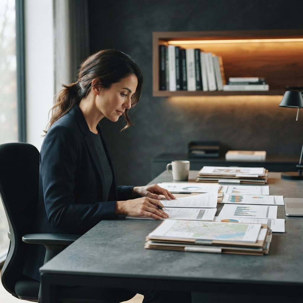 Risk professional reviewing physical dossiers at a desk