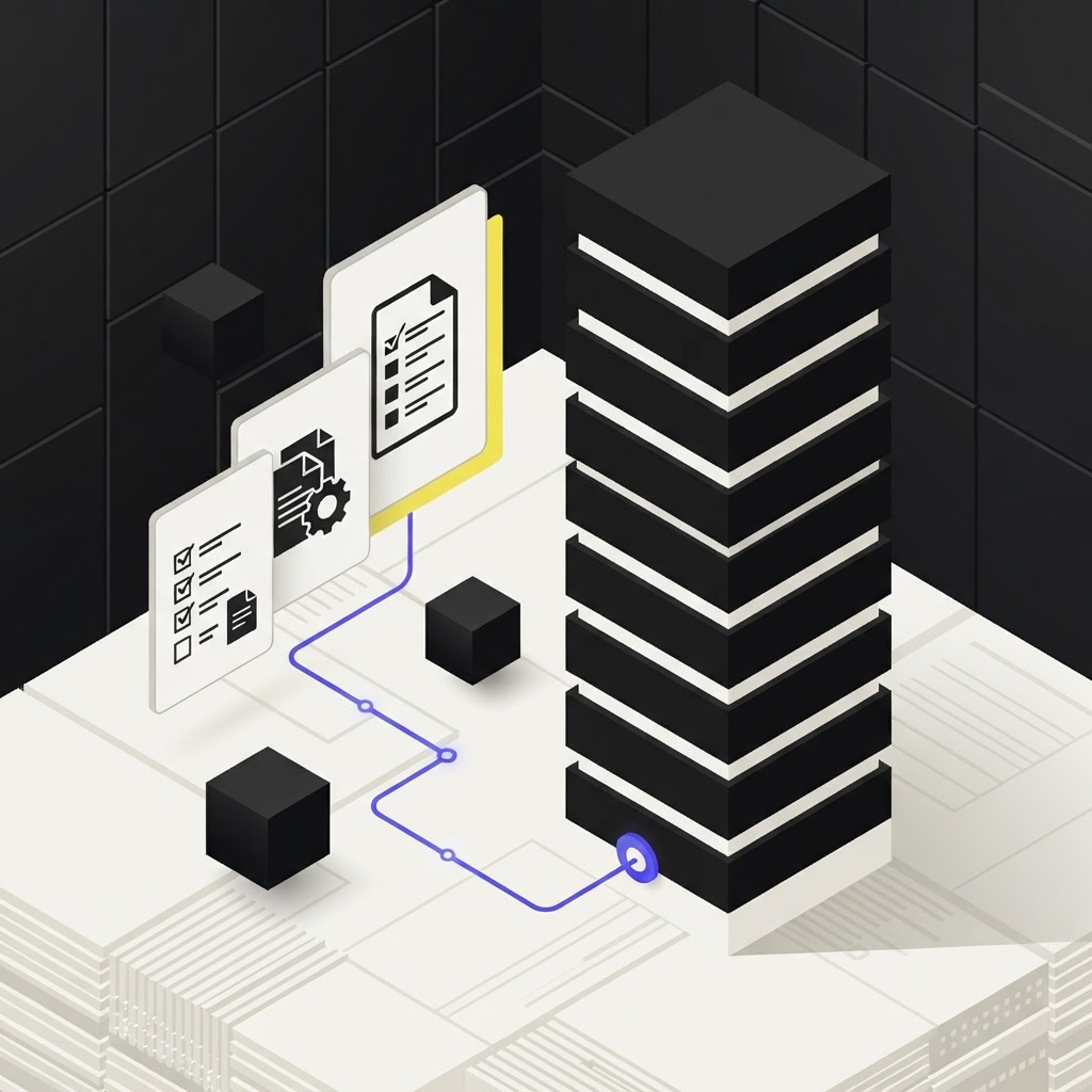 Isometric architectural monolith representing a defensible audit trail