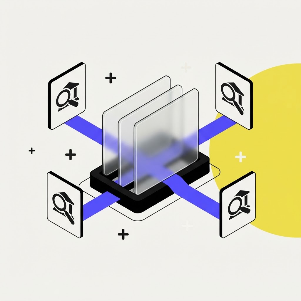 Isometric illustration of glass panels representing human AI oversight