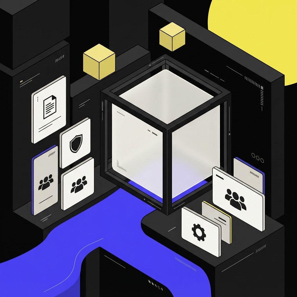 Isometric frosted glass block representing an auditable and traceable contract research repository