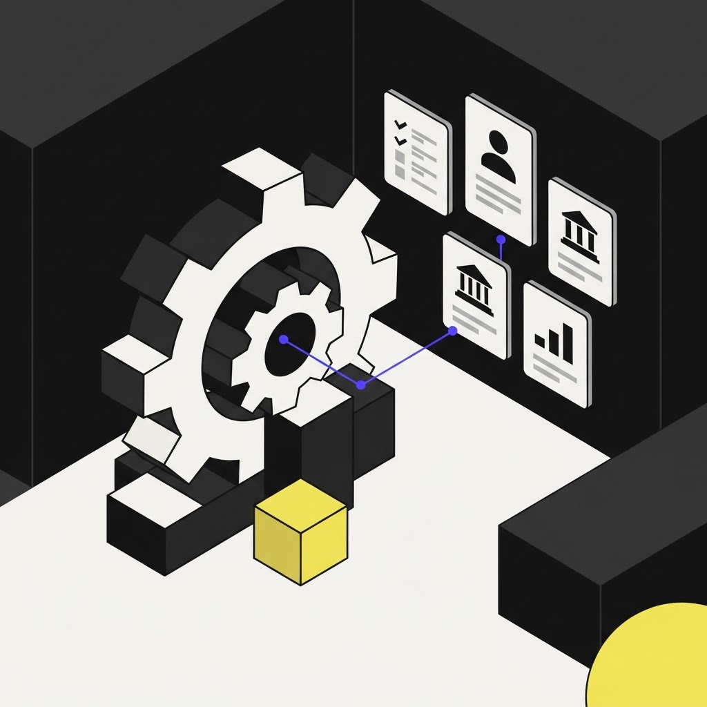 Isometric interlocking gear structure representing enterprise contract review integration