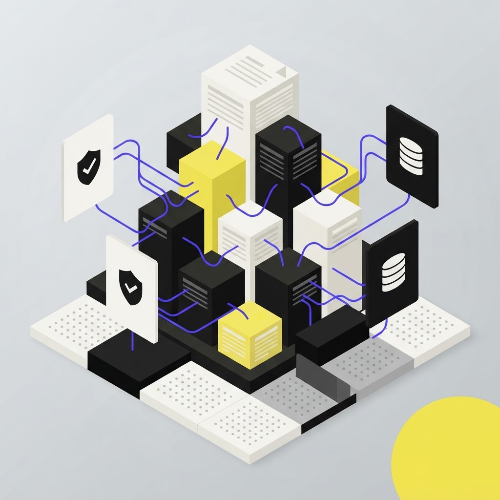 Isometric vector illustration of document stacks and compliance shield icons