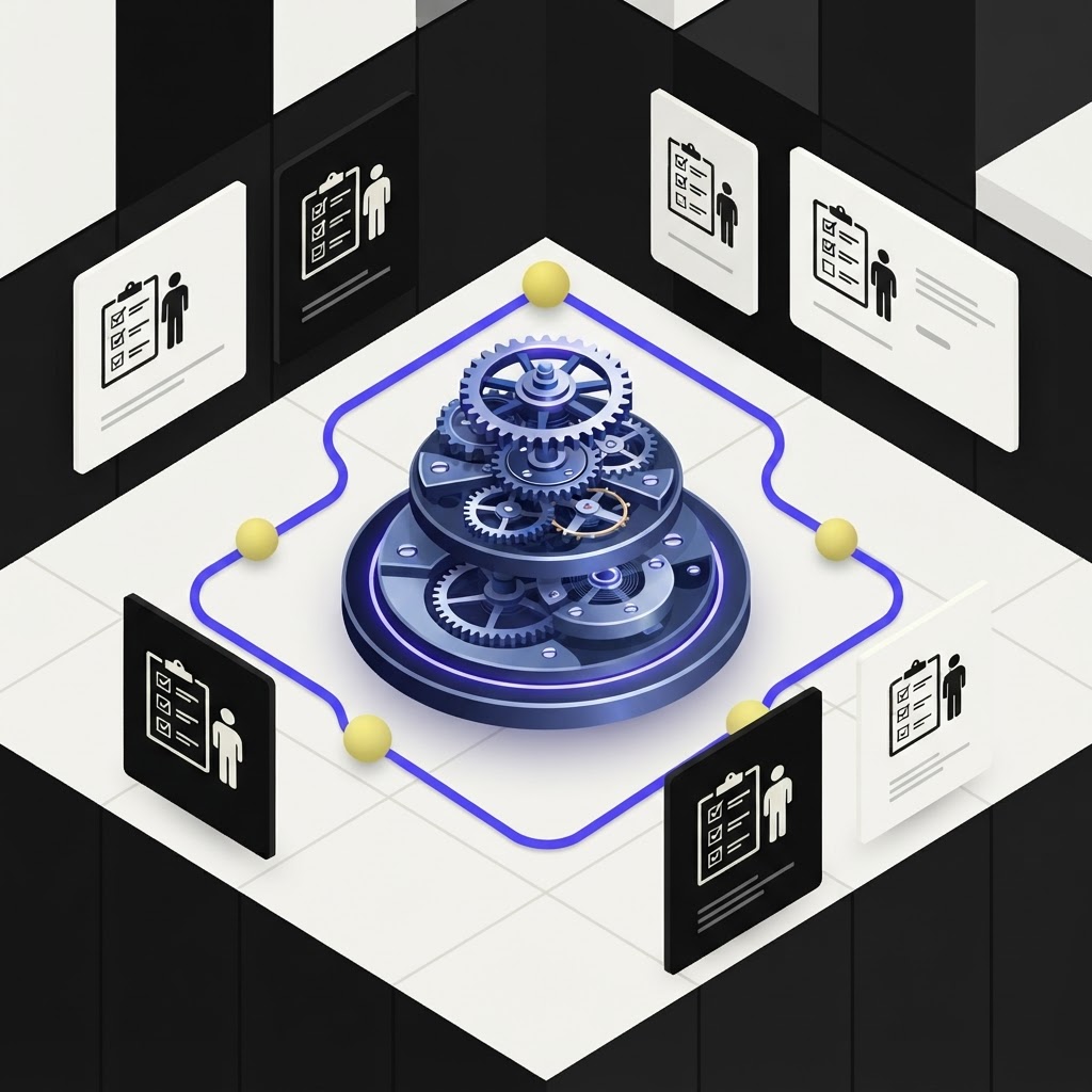 Isometric vector illustration showing continuous monitoring gears and compliance icons