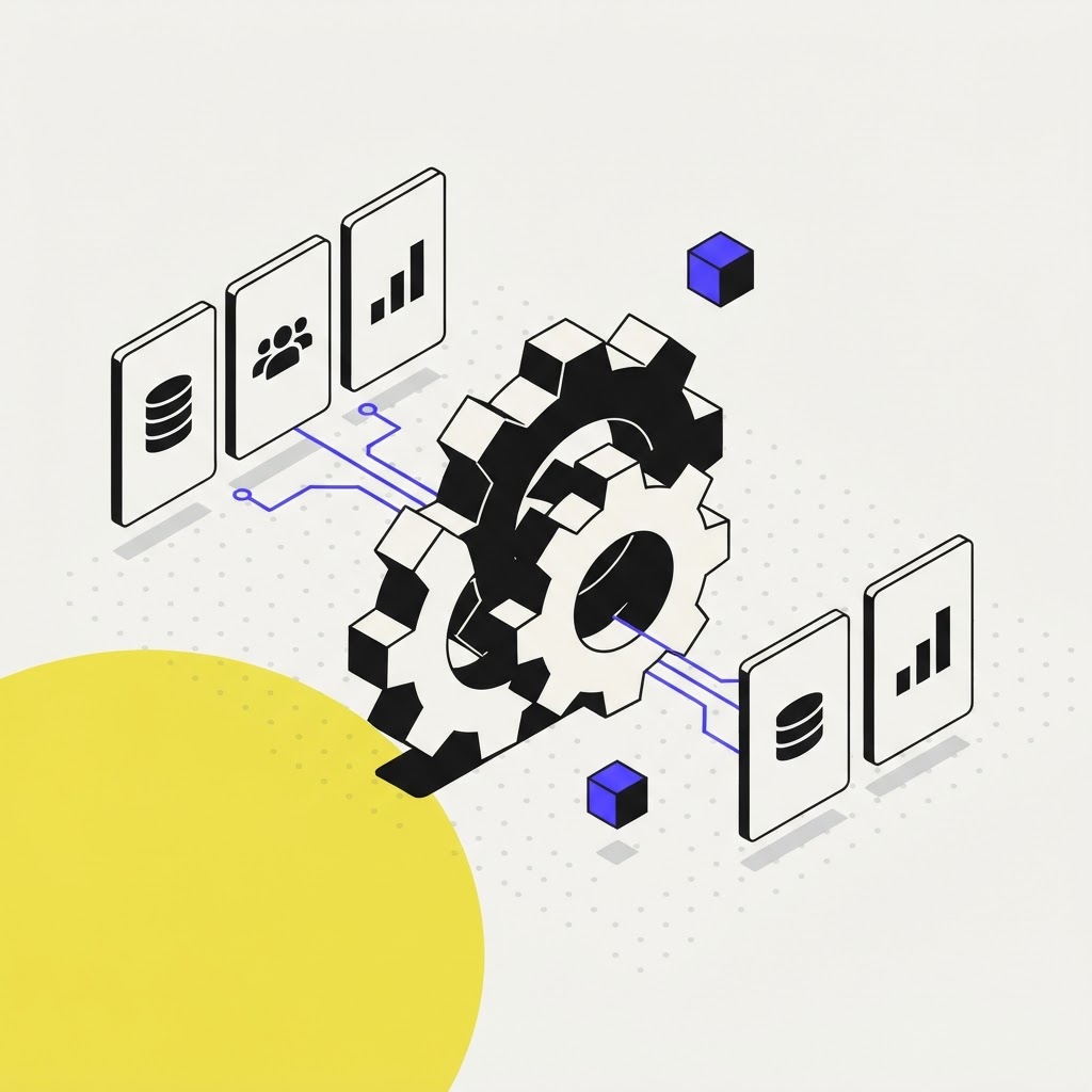 Interlocking gears representing continuous seller screening and monitoring