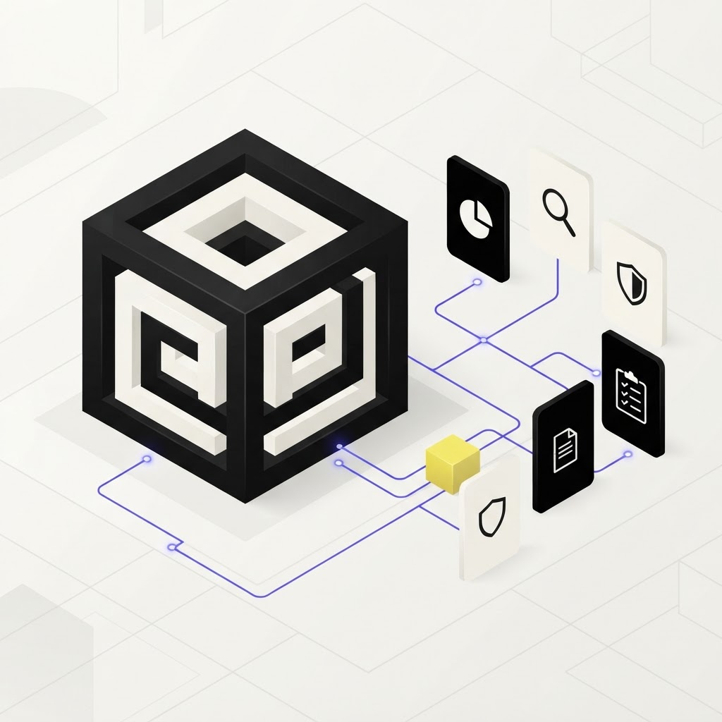 A hollow geometric cube representing auditability and defensibility