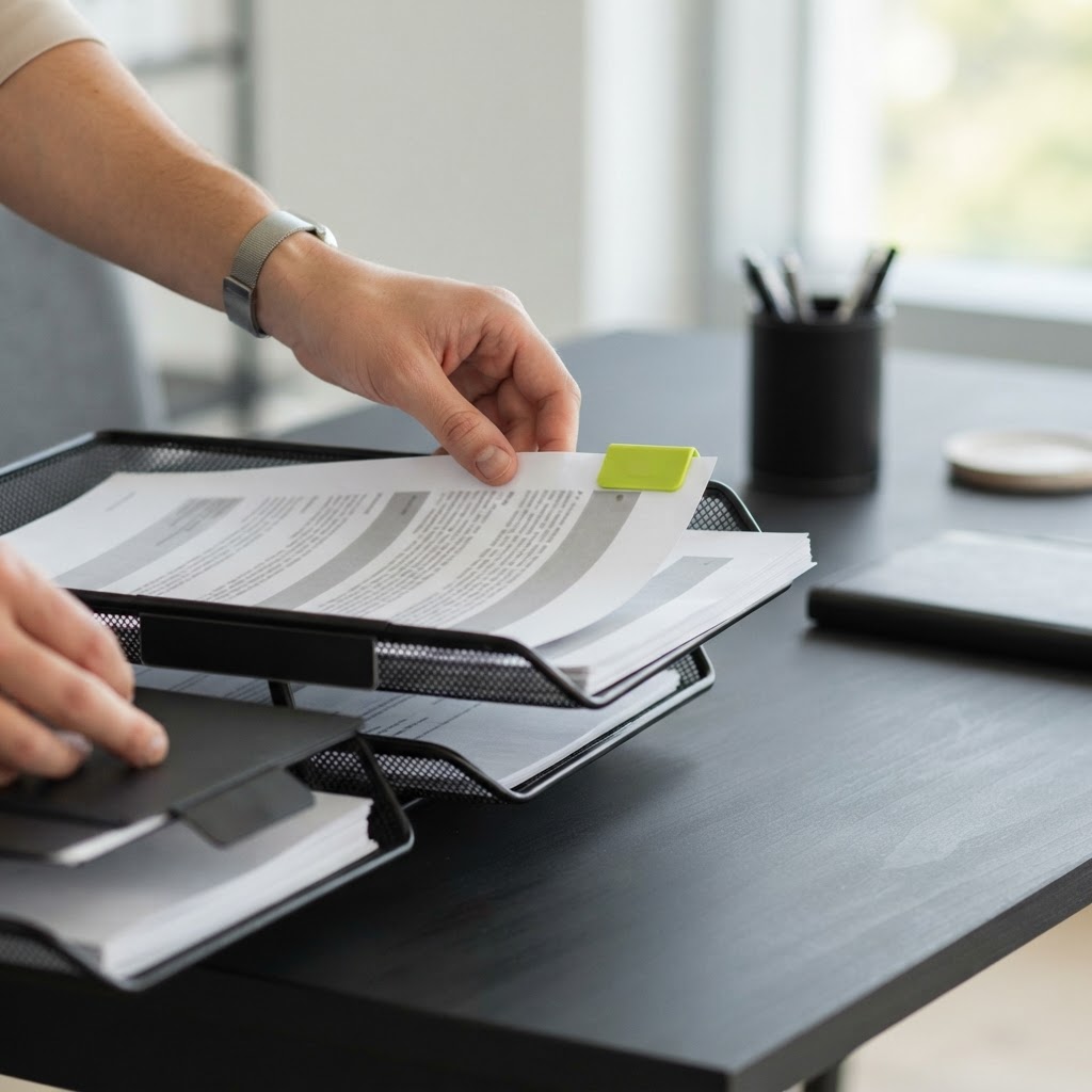 Hands filing a professional document with a lime green status clip