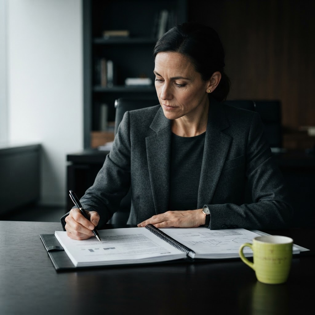 Professional focusing on an analytical task with a lime green mug on the desk