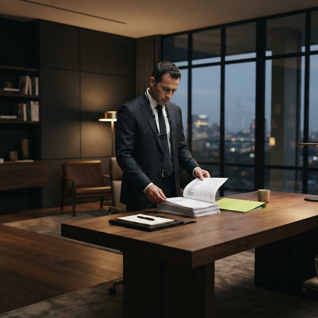 Professional reviewing physical reports in a modern minimalist office