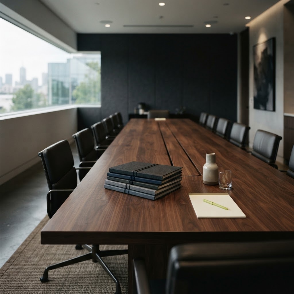 Structured and orderly meeting space with neutral and lime green accents