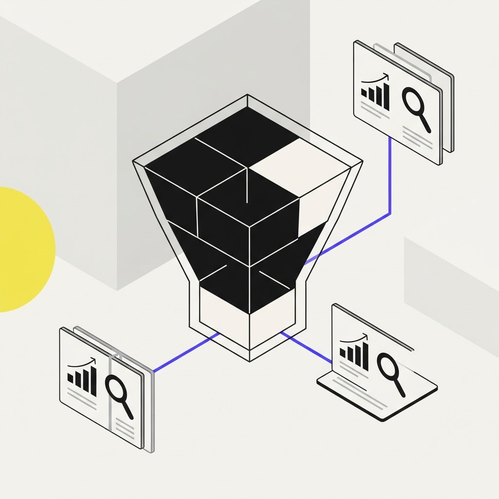 Isometric illustration of a research funnel for competitor activity