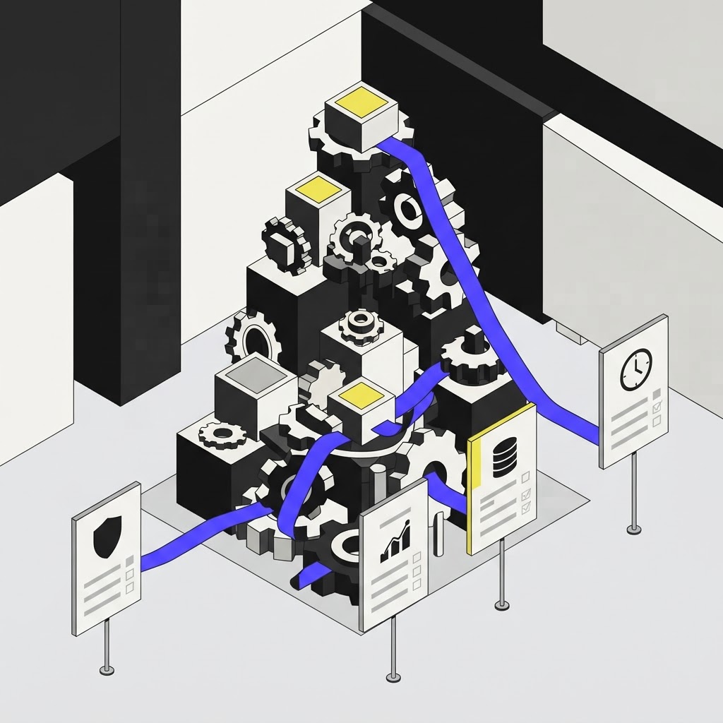 Isometric illustration of gear-based continuous competitor monitoring