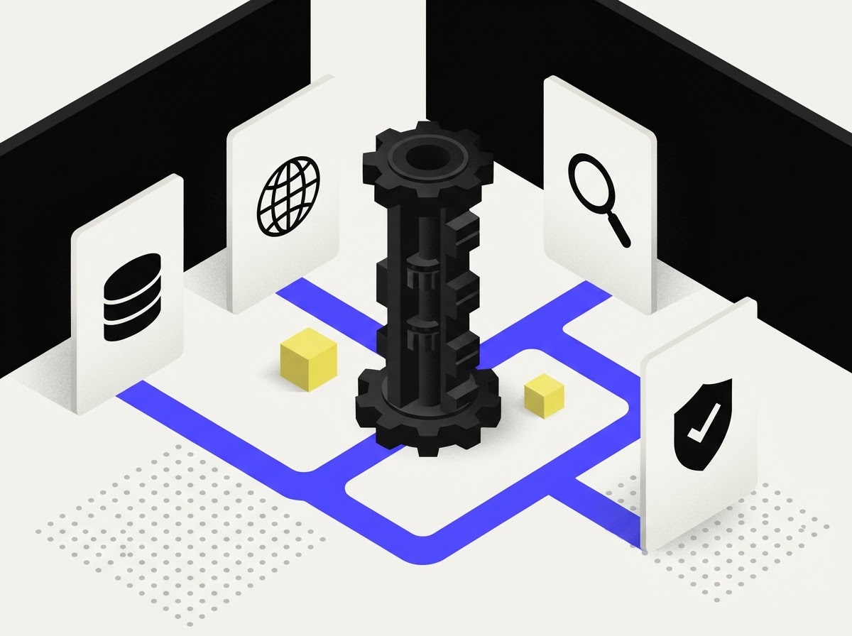 Isometric illustration of a central gear connecting enterprise data sources