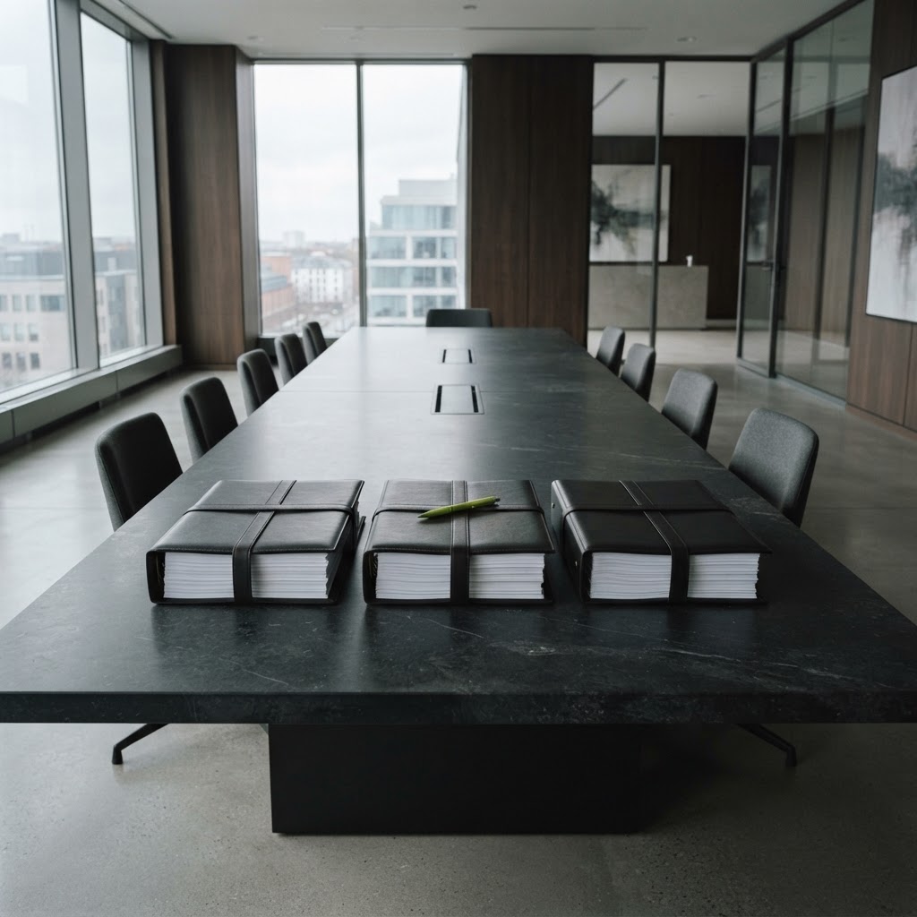 Boardroom table with organized research dossiers