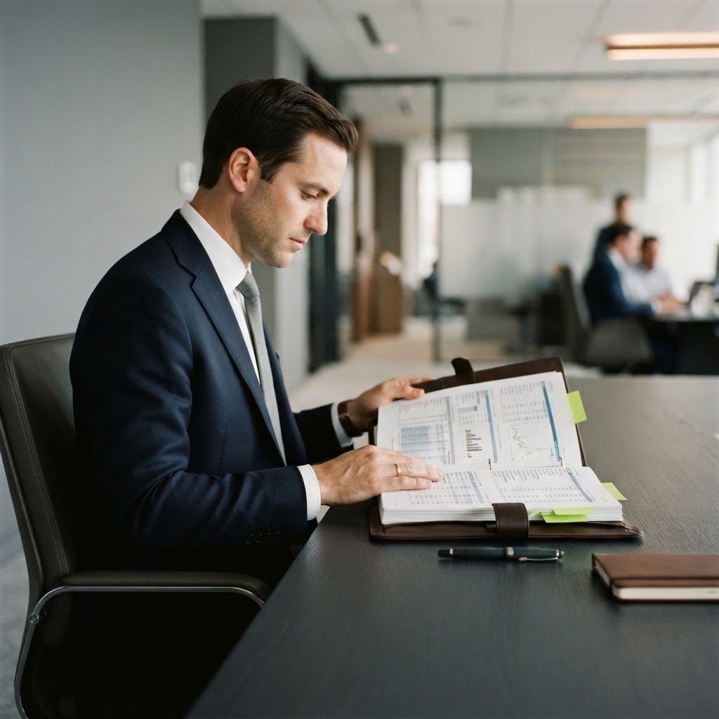 Professional reviewing a due diligence report in a quiet office