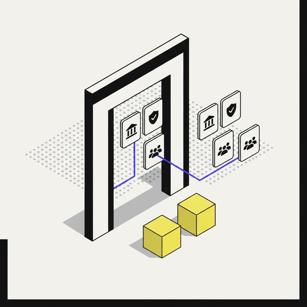 Isometric illustration of an onboarding gateway for institutional compliance