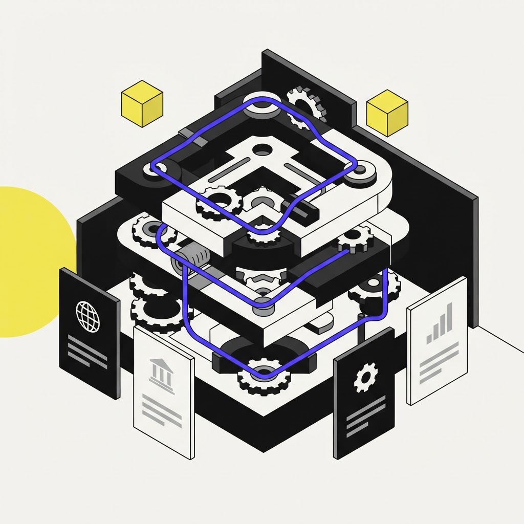 A geometric clockwork mechanism representing continuous monitoring and scheduled workflows