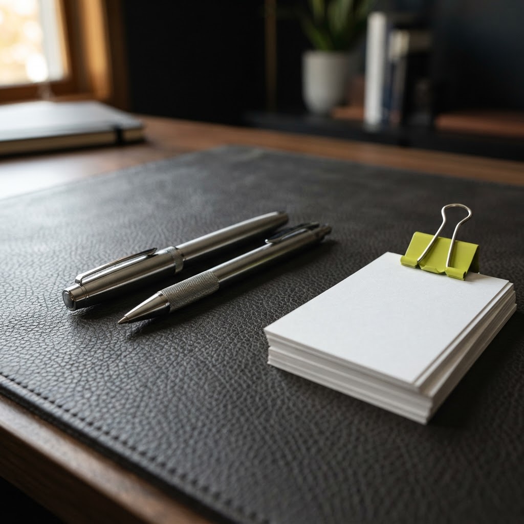Close up of desk accessories on charcoal leather
