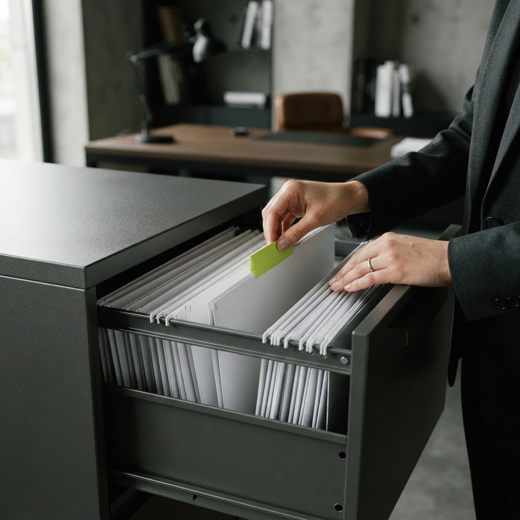 Organized professional filing cabinet with green accent