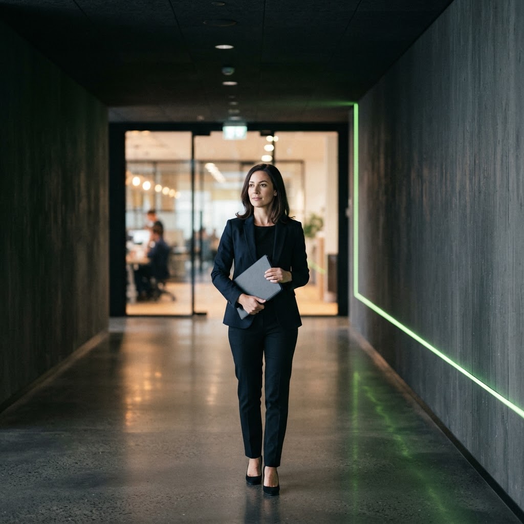 Professional in minimalist office hallway