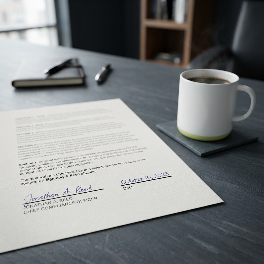 A signed document and a coffee mug on a dark desk