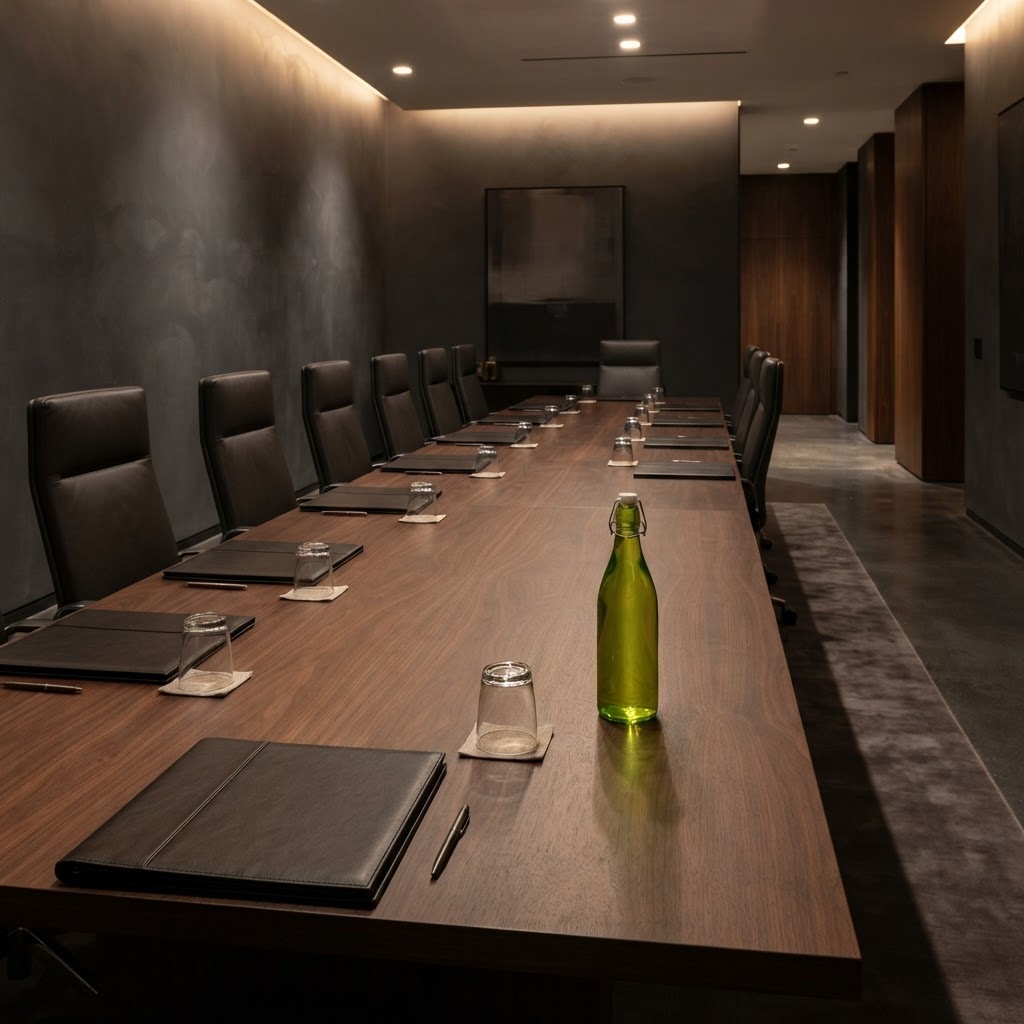 Empty boardroom with leather bound folios on a long dark table
