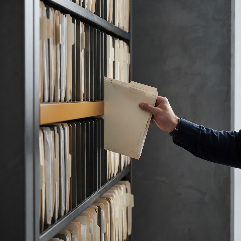 Hand filing a document folder into a dark metallic rack