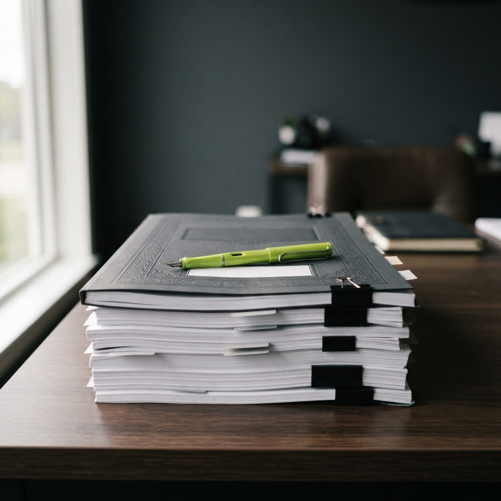 A lime green fountain pen resting on a stack of professional reports