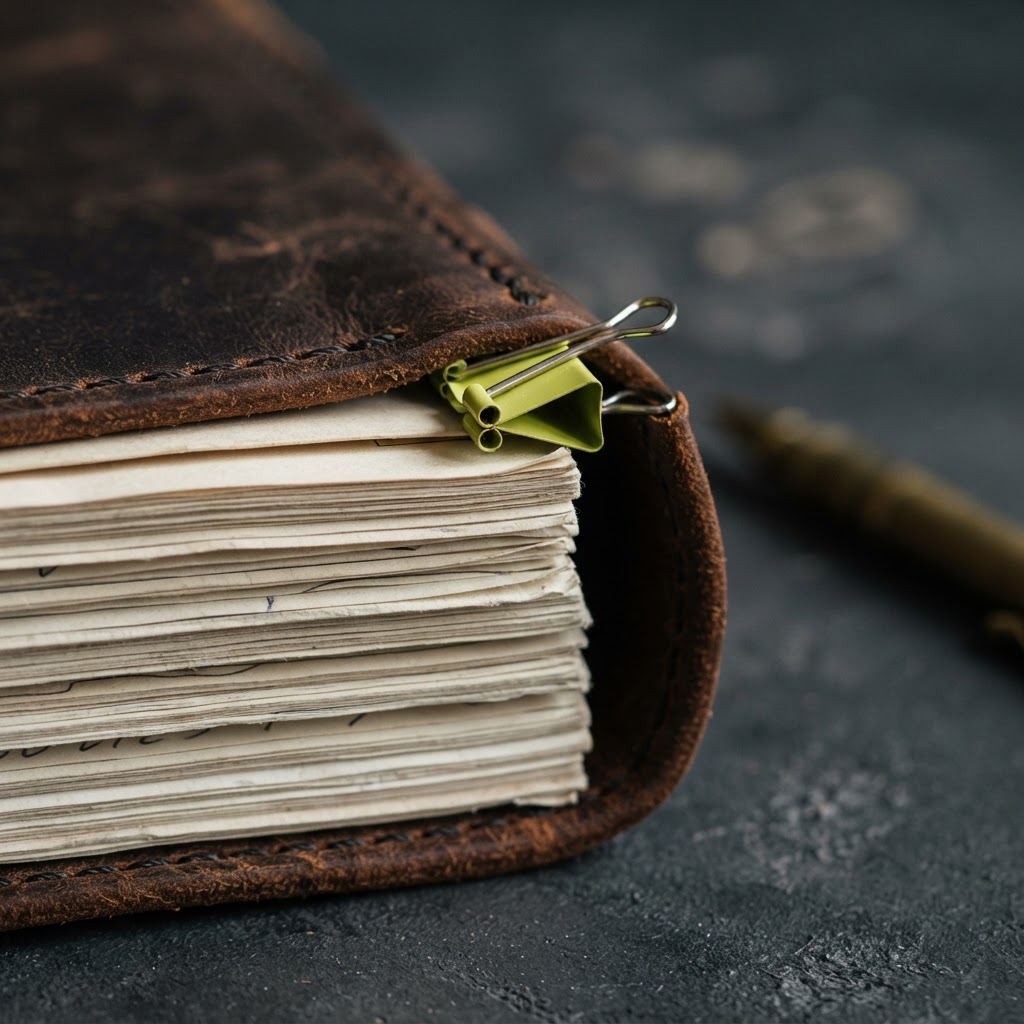 Close up of a leather bound research file with a lime green clip
