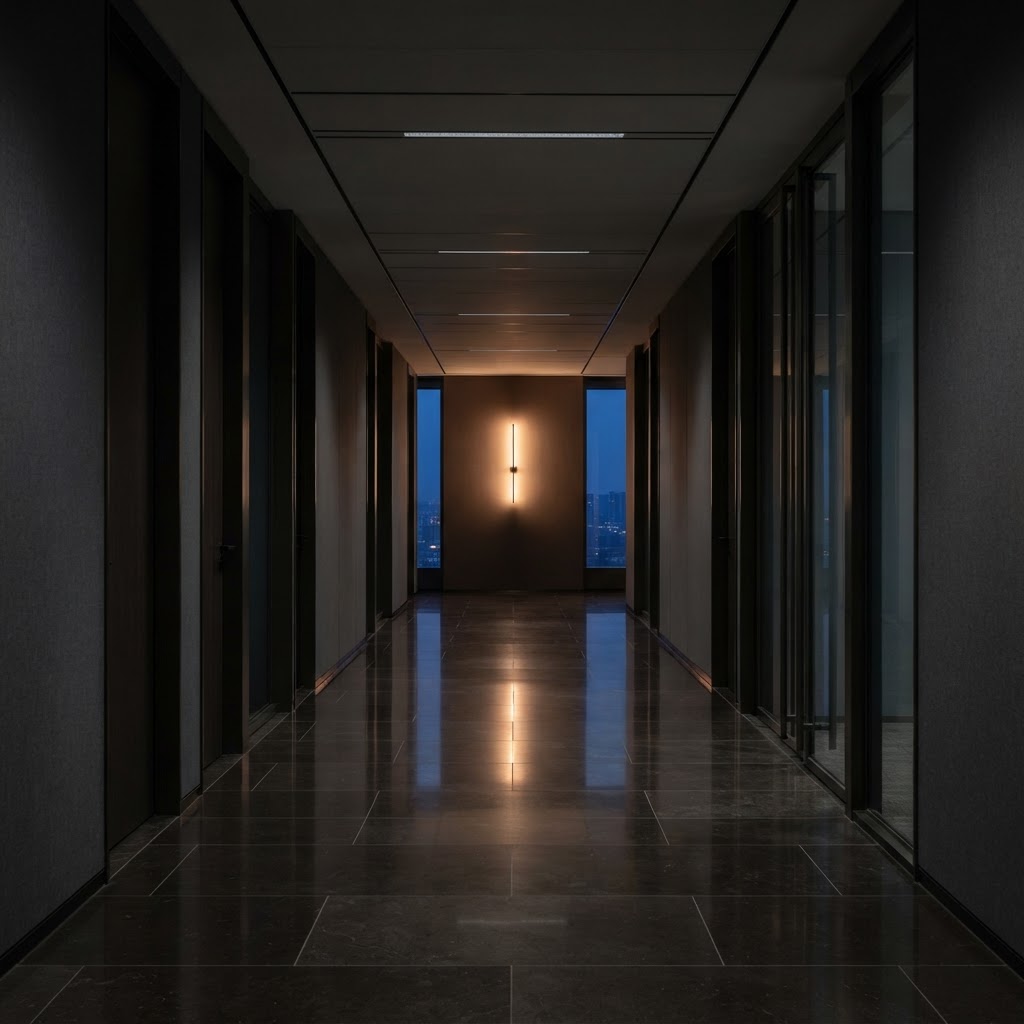 Modern dark interior office hallway at twilight