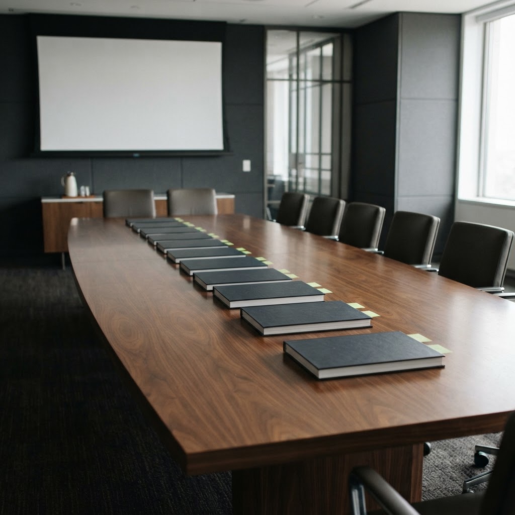 Empty conference room with rows of bound compliance dossiers