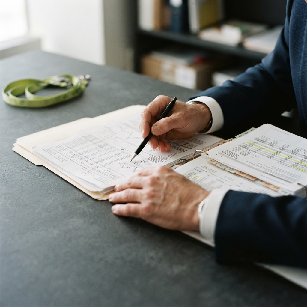 Hands cross referencing physical files on a desk